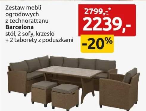 Zestaw mebli ogrodowych z technorattanu Barcelona stół, 2 sofy, krzesło + 2 taborety z poduszkami