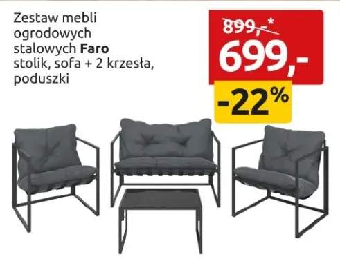 Zestaw mebli ogrodowych stalowych Faro stolik, sofa + 2 krzesła, poduszki