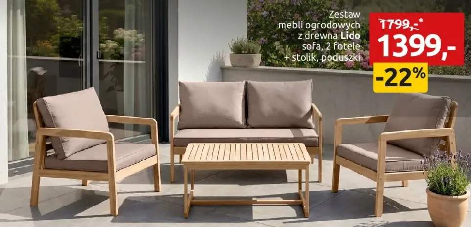 Zestaw mebli ogrodowych z drewna Lido sofa, 2 fotele, stolik, poduszki